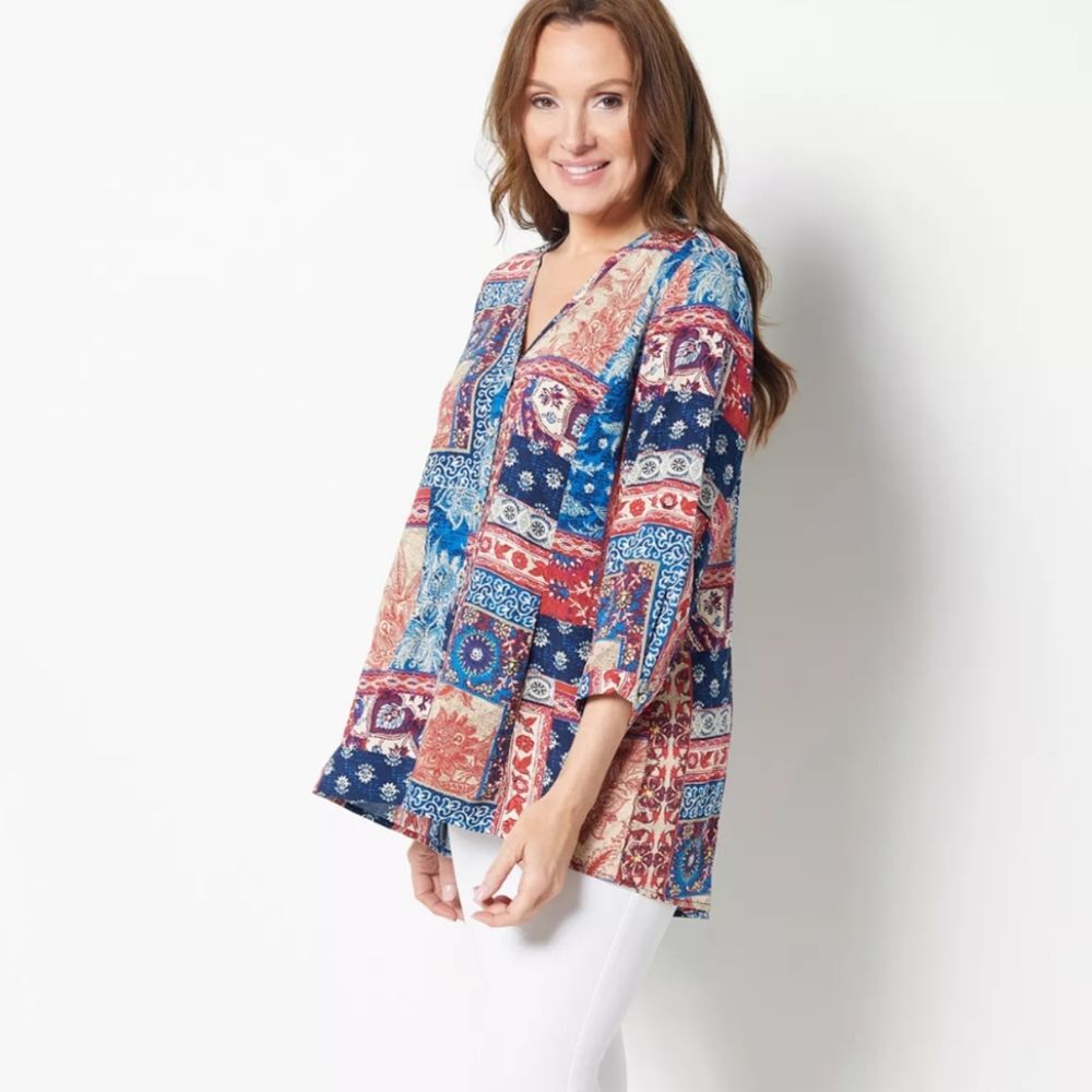 Susan Graver Printed Woven Button-Front Hi-Low Hem Shirt Size Medium